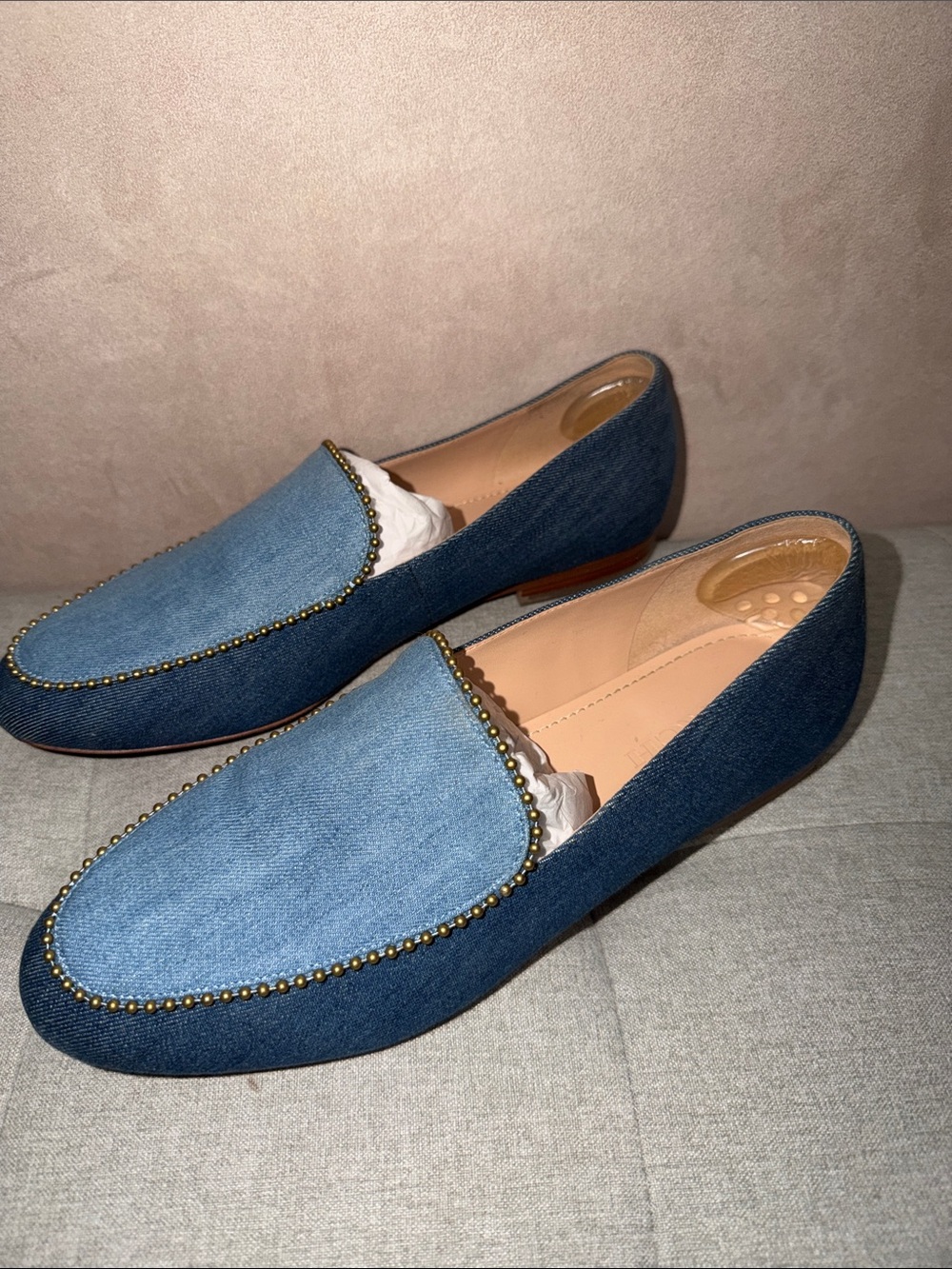 Coach Two-Tone Blue Denim Slip-On Loafers with Stud Trim